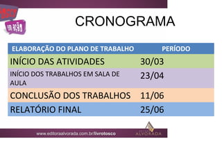 CRONOGRAMA
ELABORAÇÃO DO PLANO DE TRABALHO       PERÍODO
INÍCIO DAS ATIVIDADES             30/03
INÍCIO DOS TRABALHOS EM SALA DE   23/04
AULA
CONCLUSÃO DOS TRABALHOS 11/06
RELATÓRIO FINAL         25/06
 
