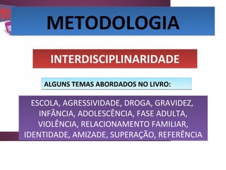 METODOLOGIA
      INTERDISCIPLINARIDADE
    ALGUNS TEMAS ABORDADOS NO LIVRO:

  ESCOLA, AGRESSIVIDADE, DROGA, GRAVIDEZ,
    INFÂNCIA, ADOLESCÊNCIA, FASE ADULTA,
    VIOLÊNCIA, RELACIONAMENTO FAMILIAR,
IDENTIDADE, AMIZADE, SUPERAÇÃO, REFERÊNCIA
 