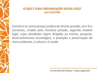 Arns de Oliveira & Andreazza – Projeto Legado 2015
O QUE É UMA ORGANIZAÇÃO SOCIAL (OS)?
(Lei 9.637/98)
Constitui-se como pessoa jurídica de direito privado, sem fins
lucrativos, criadas pela iniciativa privada, segundo modelo
legal, cujas atividades sejam dirigidas ao ensino, pesquisa,
desenvolvimento tecnológico, à proteção e preservação do
meio ambiente, à cultura e à saúde.
 