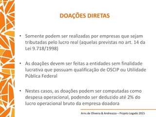 Arns de Oliveira & Andreazza – Projeto Legado 2015
DOAÇÕES DIRETAS
• Somente podem ser realizadas por empresas que sejam
tributadas pelo lucro real (aquelas previstas no art. 14 da
Lei 9.718/1998)
• As doações devem ser feitas a entidades sem finalidade
lucrativa que possuam qualificação de OSCIP ou Utilidade
Pública Federal
• Nestes casos, as doações podem ser computadas como
despesa operacional, podendo ser deduzido até 2% do
lucro operacional bruto da empresa doadora
 
