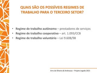 Arns de Oliveira & Andreazza – Projeto Legado 2015
QUAIS SÃO OS POSSÍVEIS REGIMES DE
TRABALHO PARA O TERCEIRO SETOR?
• Regime de trabalho autônomo – prestadores de serviços
• Regime de trabalho cooperativo – art. 1.093/CCB
• Regime de trabalho voluntário – Lei 9.608/98
 