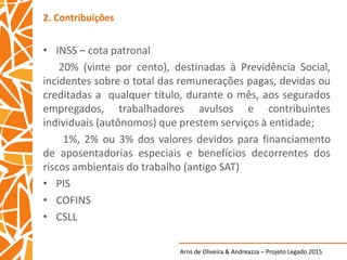 Arns de Oliveira & Andreazza – Projeto Legado 2015
2. Contribuições
• INSS – cota patronal
20% (vinte por cento), destinadas à Previdência Social,
incidentes sobre o total das remunerações pagas, devidas ou
creditadas a qualquer título, durante o mês, aos segurados
empregados, trabalhadores avulsos e contribuintes
individuais (autônomos) que prestem serviços à entidade;
1%, 2% ou 3% dos valores devidos para financiamento
de aposentadorias especiais e benefícios decorrentes dos
riscos ambientais do trabalho (antigo SAT)
• PIS
• COFINS
• CSLL
 