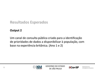 Assessoria de 
Inovação em Governo 
GOVERNO DO ESTADO 
DE SÃO PAULO 
8 
Resultados Esperados 
Output 2 
Um canal de consulta pública criado para a identificação 
de prioridades de dados a disponibilizar à população, com 
base na experiência britânica. (Ano 1 e 2) 
 