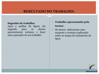 Sugestão de trabalho:
Após a análise da figura ,foi
sugerido para os alunos
apresentarem cartazes e fazer
uma exposição do seu trabalho .
RESULTADO DO TRABALHO:
 Trabalho apresentado pela
turma:
 Os alunos elaboraram uma
maquete e cartazes explicando
sobre as etapas do tratamento da
água.
 