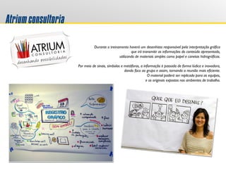 Atriumconsultoria
Durante o treinamento haverá um desenhista responsável pela interpretação gráfica
que irá transmitir as informações do conteúdo apresentado,
utilizando de materiais simples como papel e canetas hidrográficas.
Por meio de sinais, símbolos e metáforas, a informação é passada de forma lúdica e inovadora,
dando foco ao grupo e assim, tornando a reunião mais eficiente.
O material poderá ser replicado para as equipes,
e os originais expostos nos ambientes de trabalho.
 