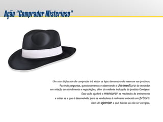 Ação“CompradorMisterioso”
Um ator disfarçado de comprador irá visitar as lojas demonstrando interesse nos produtos.
Fazendo perguntas, questionamentos e observando a desenvoltura do vendedor
em relação ao atendimento e negociações, além da evidente indicação do produto Goodyear.
Essa ação ajudará a mensurar os resultados do treinamento
e saber se o que é desenvolvido para os vendedores é realmente colocado em prática.
além de apontar o que precisa ou não ser corrigido.
 