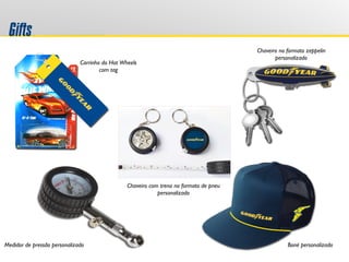 Gifts
Boné personalizadoMedidor de pressão personalizado
Chaveiro no formato zeppelin
personalizado
Chaveiro com trena no formato de pneu
personalizado
Carrinho do Hot Wheels
com tag
 