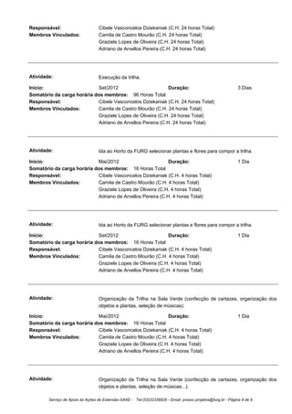Responsável:                       Cibele Vasconcelos Dziekaniak (C.H. 24 horas Total)
Membros Vinculados:                Camila de Castro Mourão (C.H. 24 horas Total)
                                   Graziele Lopes de Oliveira (C.H. 24 horas Total)
                                   Adriano de Arvellos Pereira (C.H. 24 horas Total)




Atividade:                         Execução da trilha.

Início:                     Set/2012                        Duração:                                           3 Dias
Somatório da carga horária dos membros: 96 Horas Total
Responsável:                Cibele Vasconcelos Dziekaniak (C.H. 24 horas Total)
Membros Vinculados:         Camila de Castro Mourão (C.H. 24 horas Total)
                            Graziele Lopes de Oliveira (C.H. 24 horas Total)
                            Adriano de Arvellos Pereira (C.H. 24 horas Total)




Atividade:                         Ida ao Horto da FURG selecionar plantas e flores para compor a trilha.

Início:                     Mai/2012                        Duração:                                           1 Dia
Somatório da carga horária dos membros: 16 Horas Total
Responsável:                Cibele Vasconcelos Dziekaniak (C.H. 4 horas Total)
Membros Vinculados:         Camila de Castro Mourão (C.H. 4 horas Total)
                            Graziele Lopes de Oliveira (C.H. 4 horas Total)
                            Adriano de Arvellos Pereira (C.H. 4 horas Total)




Atividade:                         Ida ao Horto da FURG selecionar plantas e flores para compor a trilha.

Início:                     Set/2012                        Duração:                                           1 Dia
Somatório da carga horária dos membros: 16 Horas Total
Responsável:                Cibele Vasconcelos Dziekaniak (C.H. 4 horas Total)
Membros Vinculados:         Camila de Castro Mourão (C.H. 4 horas Total)
                            Graziele Lopes de Oliveira (C.H. 4 horas Total)
                            Adriano de Arvellos Pereira (C.H. 4 horas Total)




Atividade:                         Organização da Trilha na Sala Verde (confecção de cartazes, organização dos
                                   objetos e plantas, seleção de músicas).

Início:                     Mai/2012                        Duração:                                           1 Dia
Somatório da carga horária dos membros: 16 Horas Total
Responsável:                Cibele Vasconcelos Dziekaniak (C.H. 4 horas Total)
Membros Vinculados:         Camila de Castro Mourão (C.H. 4 horas Total)
                            Graziele Lopes de Oliveira (C.H. 4 horas Total)
                            Adriano de Arvellos Pereira (C.H. 4 horas Total)




Atividade:                         Organização da Trilha na Sala Verde (confecção de cartazes, organização dos
                                   objetos e plantas, seleção de músicas...).

        Serviço de Apoio às Ações de Extensão-SAAE - Tel:(53)32336826 - Email: proexc.projetos@furg.br - Página 8 de 9
 