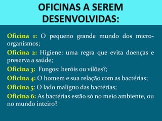 Oficina 1: O pequeno grande mundo dos micro-
organismos;
Oficina 2: Higiene: uma regra que evita doenças e
preserva a saúde;
Oficina 3: Fungos: heróis ou vilões?;
Oficina 4: O homem e sua relação com as bactérias;
Oficina 5: O lado maligno das bactérias;
Oficina 6: As bactérias estão só no meio ambiente, ou
no mundo inteiro?
 