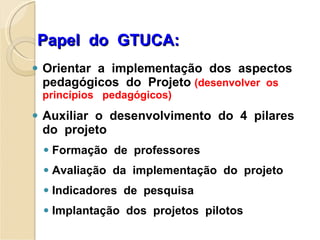 Papel  do  GTUCA: Orientar  a  implementação  dos  aspectos  pedagógicos  do  Projeto  (desenvolver  os  princípios  pedagógicos) Auxiliar  o  desenvolvimento  do  4  pilares  do  projeto Formação  de  professores Avaliação  da  implementação  do  projeto Indicadores  de  pesquisa Implantação  dos  projetos  pilotos 