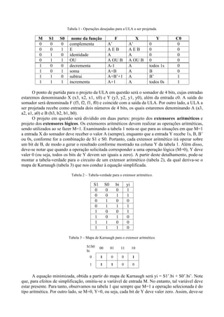 Tabela 1 - Operações desejadas para a ULA a ser projetada.
M S1 S0 nome da função F X Y C0
0 0 0 complementa A’ A’ 0 0
0 0 1 E A E B A E B 0 0
0 1 0 identidade A A 0 0
0 1 1 OU A OU B A OU B 0 0
1 0 0 decrementa A-1 A todos 1s 0
1 0 1 soma A+B A B 0
1 1 0 subtrai A+B’+1 A B’ 1
1 1 1 incrementa A+1 A todos 0s 1
O ponto de partida para o projeto da ULA em questão será o somador de 4 bits, cujas entradas
estaremos denominando X (x3, x2, x1, x0) e Y (y3, y2, y1, y0), além da entrada c0. A saída do
somador será denominada F (f3, f2, f1, f0) e coincide com a saída da ULA. Por outro lado, a ULA a
ser projetada recebe como entrada dois números de 4 bits, os quais estaremos denominando A (a3,
a2, a1, a0) e B (b3, b2, b1, b0).
O projeto em questão será dividido em duas partes: projeto dos extensores aritméticos e
projeto dos extensores lógicos. Os extensores aritméticos devem realizar as operações aritméticas,
sendo utilizados ao se fazer M=1. Examinando a tabela 1 nota-se que para as situações em que M=1
a entrada X do somador deve receber o valor A (sempre), enquanto que a entrada Y recebe 1s, B, B’
ou 0s, conforme for a combinação de S1 e S0. Portanto, cada extensor aritmético irá operar sobre
um bit de B, de modo a gerar o resultado conforme mostrado na coluna Y da tabela 1. Além disso,
deve-se notar que quando a operação solicitada corresponder a uma operação lógica (M=0), Y deve
valer 0 (ou seja, todos os bits de Y devem ser iguais a zero). A partir deste detalhamento, pode-se
montar a tabela-verdade para o circuito de um extensor aritmético (tabela 2), da qual deriva-se o
mapa de Karnaugh (tabela 3) que nos conduz à equação simplificada.
Tabela 2 – Tabela-verdade para o extensor aritmético.
S1 S0 bi yi
0 0 0 1
0 0 1 1
0 1 0 0
0 1 1 1
1 0 0 1
1 0 1 0
1 1 0 0
1 1 1 0
Tabela 3 – Mapa de Karnaugh para o extensor aritmético.
S1S0
bi
00 01 11 10
0 1 0 0 1
1 1 1 0 0
A equação minimizada, obtida a partir do mapa de Karnaugh será yi = S1’.bi + S0’.bi’. Note
que, para efeitos de simplificação, omitiu-se a variável de entrada M. No entanto, tal variável deve
estar presente. Para tanto, observamos na tabela 1 que sempre que M=1 a operação selecionada é do
tipo aritmética. Por outro lado, se M=0, Y=0, ou seja, cada bit de Y deve valer zero. Assim, deve-se
 