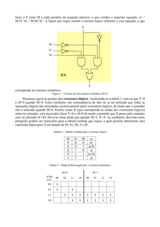 fazer o E entre M e cada produto da equação anterior, o que conduz a seguinte equação: yi =
M.S1’.bi + M.S0’.bi’. A figura que segue mostra o circuito lógico referente a essa equação, o que
corresponde ao extensor aritmético.
Figura 2 – Circuito de um extensor aritmético (EA).
Passemos agora ao projeto dos extensores lógicos. Analisando-se a tabela 1, nota-se que Y=0
e c0=0 quando M=0. Estas condições são conseqüência do fato de se ter definido que todas as
operações lógicas são executadas exclusivamente pelos extensores lógicos, de modo que o somador
não é utilizado quando M=0. Porém, como X (que corresponde às saídas dos extensores lógicos)
entra no somador, será necessário fazer Y=0 e c0=0 de modo a permitir que X passe pelo somador
sem ser alterado (F=X). Deve-se notar ainda que quando M=1, X=A. As condições descritas neste
parágrafo podem ser transcritas para a tabela-verdade que segue, a qual permite determinar uma
expressão lógica para X em função de M, S1, S0, A e B.
Tabela 4 – Tabela-verdade para o extensor lógico.
M S1 S0 xi
0 0 0 ai’
0 0 1 ai.bi
0 1 0 ai
0 1 1 ai+bi
1 ? ? ai
Tabela 5 – Mapa de Karnaugh para o extensor aritmético.
M=0 M=1
S1S0
ai bi
00 01 11 10 00 01 11 10
00 1
01 1 1
11 1 1 1 1 1 1 1
10 1 1 1 1 1 1
S0
S1
M
bi
yi
EA
S0
S1
M
bi
yi
EA
 