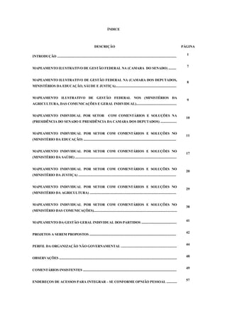 ÍNDICE



                                                                DESCRIÇÃO                                                                                PÁGINA

                                                                                                                                                           1
INTRODUÇÃO ...........................................................................................................................................

                                                                                                                                                           7
MAPEAMENTO ILUSTRATIVO DE GESTÃO FEDERAL NA (CAMARA DO SENADO) .........


MAPEAMENTO ILUSTRATIVO DE GESTÃO FEDERAL NA (CAMARA DOS DEPUTADOS,
                                                                                                                                                           8
MINISTÉRIOS DA EDUCAÇÃO, SÁUDE E JUSTIÇA).......................................................................


MAPEAMENTO ILUSTRATIVO DE GESTÃO FEDERAL NOS (MINISTÉRIOS DA
                                                                                                                                                           9
AGRICULTURA, DAS COMUNICAÇÕES E GERAL INDIVIDUAL)...............................................


MAPEAMENTO INDIVIDUAL POR SETOR                                               COM COMENTÁRIOS E SOLUÇÕES NA
                                                                                                                                                           10
(PRESIDÊNCIA DO SENADO E PRESIDÊNCIA DA CAMARA DOS DEPUTADOS) ...................


MAPEAMENTO INDIVIDUAL POR SETOR COM COMENTÁRIOS E SOLUÇÕES NO
                                                                                                                                                           11
(MINISTÉRIO DA EDUCAÇÃO) ............................................................................................................


MAPEAMENTO INDIVIDUAL POR SETOR COM COMENTÁRIOS E SOLUÇÕES NO
                                                                                                                                                           17
(MINISTÉRIO DA SAÚDE) ......................................................................................................................


MAPEAMENTO INDIVIDUAL POR SETOR COM COMENTÁRIOS E SOLUÇÕES NO
                                                                                                                                                           20
(MINISTÉRIO DA JUSTIÇA) ..................................................................................................................


MAPEAMENTO INDIVIDUAL POR SETOR COM COMENTÁRIOS E SOLUÇÕES NO
                                                                                                                                                           29
(MINISTÉRIO DA AGRICULTURA) .....................................................................................................


MAPEAMENTO INDIVIDUAL POR SETOR COM COMENTÁRIOS E SOLUÇÕES NO
                                                                                                                                                           38
(MINISTÉRIO DAS COMUNICAÇÕES).................................................................................................

                                                                                                                                                           41
MAPEAMENTO DA GESTÃO GERAL INDIVIDUAL DOS PARTIDOS .........................................

                                                                                                                                                           42
PROJETOS A SEREM PROPOSTOS .....................................................................................................

                                                                                                                                                           44
PERFIL DA ORGANIZAÇÃO NÃO GOVERNAMENTAL .................................................................

                                                                                                                                                           48
OBSERVAÇÕES .........................................................................................................................................

                                                                                                                                                           49
COMENTÁRIOS INSISTENTES .............................................................................................................

                                                                                                                                                           57
ENDEREÇOS DE ACESSOS PARA INTEGRAR – SE CONFORME OPNIÃO PESSOAL ............
 