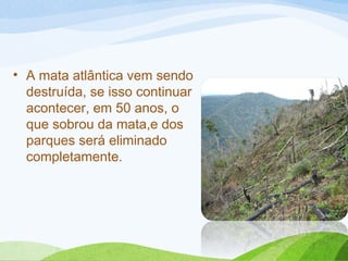 • A mata atlântica vem sendo
destruída, se isso continuar
acontecer, em 50 anos, o
que sobrou da mata,e dos
parques será eliminado
completamente.

 
