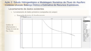 o Levantamento de dados primários (campanhas de campo)
o Execução de testes de bombeamento
Gráfico de
rebaixamento x
Tempo do teste na
Faz. Grato.
Levantamento de dados existentes
Ação 2. Estudo Hidrogeológico e Modelagem Numérica de Fluxo do Aquífero
Cretáceo Urucuia: Balanço Hídrico e Estimativa de Recursos Explotáveis.
 