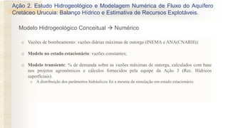 o Vazões de bombeamento: vazões diárias máximas de outorga (INEMA e ANA(CNARH)):
o Modelo no estado estacionário: vazões constantes;
o Modelo transiente: % de demanda sobre as vazões máximas de outorga, calculados com base
nos projetos agronômicos e cálculos fornecidos pela equipe da Ação 3 (Rec. Hídricos
superficiais).
o A distribuição dos parâmetros hidráulicos foi a mesma da simulação em estado estacionário.
Modelo Hidrogeológico Conceitual  Numérico
Ação 2. Estudo Hidrogeológico e Modelagem Numérica de Fluxo do Aquífero
Cretáceo Urucuia: Balanço Hídrico e Estimativa de Recursos Explotáveis.
 