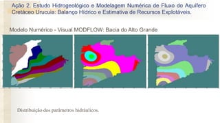 Modelo Numérico - Visual MODFLOW: Bacia do Alto Grande
Distribuição dos parâmetros hidráulicos.
Kx Layer1 Kx Layer2 Kx Layer3
Ação 2. Estudo Hidrogeológico e Modelagem Numérica de Fluxo do Aquífero
Cretáceo Urucuia: Balanço Hídrico e Estimativa de Recursos Explotáveis.
 