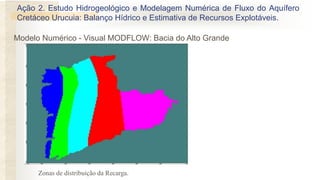 Modelo Numérico - Visual MODFLOW: Bacia do Alto Grande
Zonas de distribuição da Recarga.
Ação 2. Estudo Hidrogeológico e Modelagem Numérica de Fluxo do Aquífero
Cretáceo Urucuia: Balanço Hídrico e Estimativa de Recursos Explotáveis.
 