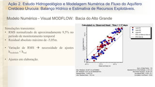Simulações transientes:
• RMS normalizado de aproximadamente 9,5% no
período de monitoramento temporal
• Residual absoluto máximo de -5,05m.
• Variação de RMS  necessidade de ajustes
hmodelado < hreal
• Ajustes em elaboração.
Ação 2. Estudo Hidrogeológico e Modelagem Numérica de Fluxo do Aquífero
Cretáceo Urucuia: Balanço Hídrico e Estimativa de Recursos Explotáveis.
Modelo Numérico - Visual MODFLOW: Bacia do Alto Grande
 