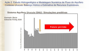 Sistema Aquífero Urucuia (SAU): Simulações preditivas
0
100,000
200,000
300,000
400,000
500,000
600,000
700,000
1980
1985
1990
1995
2000
2005
2010
2015
2020
2025
2030
2035
2040
2045
2050
TotalAnnualPumping(ac.-ft./yr)
Exemplo: Bacia
Edwards-Trinity, EUA
Futuro: previsão
TaxadeBombeamentom3/ano
Ação 2. Estudo Hidrogeológico e Modelagem Numérica de Fluxo do Aquífero
Cretáceo Urucuia: Balanço Hídrico e Estimativa de Recursos Explotáveis.
 