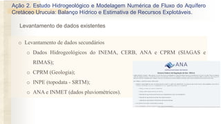 o Levantamento de dados secundários
o Dados Hidrogeológicos do INEMA, CERB, ANA e CPRM (SIAGAS e
RIMAS);
o CPRM (Geologia);
o INPE (topodata - SRTM);
o ANA e INMET (dados pluviométricos).
Levantamento de dados existentes
Ação 2. Estudo Hidrogeológico e Modelagem Numérica de Fluxo do Aquífero
Cretáceo Urucuia: Balanço Hídrico e Estimativa de Recursos Explotáveis.
 