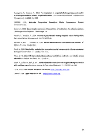 14
Kuwayama, Y.; Brozovic, N. 2013. The regulation of a spatially heterogeneous externality:
Tradable groundwater permits to protect streams. Journal of Environmental Economics and
Management. 66(2013) 364-382.
NCORPE, 2018. Nebraska Cooperative Republican Platte Enhancement Project.
www.ncorpe.org
Ostrom, E. 1990. Governing the commons: the evolution of institutions for collective actions.
Cambridge University Press. Cambridege, UK.
Palazzo, A.; Brozovic, N. 2014. The role of groundwater trading in spatial water management.
Agricultural Water Management. 145 (2014) 50-60.
Perman, R., Ma, Y., Common, M. 2012. Natural Resources and Environmental Economics. 4th
Edition. Prentice Hall, London.
Reed, M. 2008. Stakeholder participation for environmental management: A literature review.
Biological Conservation 141 (2008). 2417-2431.
Ribas, G. P. P. 2016. O Tratamento Jurídico dos Recursos Hídricos no Brasil e nos Estados Unidos
da América. Veredas do Direito. 27(13) 179-207.
Saleh, Y., Gürler, Ü., Berk, E. 2011. Centralized and decentralized management of groundwater
with multiple users. European Journal do Operational Research, 215 (2011): 244-256.
USDA. 2017. Farm Income and Wealth Statistics. https://data.ers.usda.gov.
URNRD. 2018. Upper Republican NRD. https://www.urnrd.org.
 