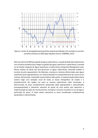 9
Figura 6. Limites de divulgação/reporting (linha amarela pontilhada) e de restrição no uso (lina
vermelha contínua) no NRD Upper Big Blue (source: UPBBNRD, 2017)
Além do sistema de NRD para gestão de águas subterrâneas, o estado de Nebraska implementou
uma iniciativa inovadora para integrar as gestão das águas superficiais e subterrâneas, chamada
Lei de Gestão Integrada de Águas Superficiais e Subterrâneas (Integrated Management Law).
Muitos estados do Oeste dos EUA gerenciam as águas subterrâneas utilizando também o
conceito de prior appropriation. No Nebraska, manteve-se sistemas diferenciados para águas
superficiais (prior appropriation) e um sistema baseado no compartilhamento do recurso entre
usuários, denominado, reasonable-use/correlative right system. A implementação prática deste
sistema exige uma avaliação anual de todas as bacias hidrográficas do estado e o
estabelecimento das regiões nas quais as reservas subterrâneas estão conectadas. A
determinação de áreas completamente apropriadas (fully appropriated) e sobreutilizadas
(overappropriated) é altamente relevante do ponto de vista prático pois determina a
implementação de ações de monitoramento, restrições e inclusive moratória no uso de água e
perfuração de poços. O mapa abaixo representa as áreas consideradas completamente
apropriadas e sobreutilizadas.
 