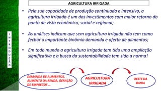 • Pela sua capacidade de produção continuada e intensiva, a
agricultura irrigada é um dos investimentos com maior retorno do
ponto de vista econômico, social e regional;
• As análises indicam que sem agricultura irrigada não tem como
fechar o importante binômio demanda e oferta de alimentos;
• Em todo mundo a agricultura irrigada tem tido uma ampliação
significativa e a busca da sustentabilidade tem sido a norma!
AGRICULTURA IRRIGADA
AGRICULTURA
IRRIGADA BRASIL
DEMANDA DE ALIMENTOS,
AUMENTO DA RENDA, GERAÇÃO
DE EMPREGOS …
I
N
T
R
O
D
U
Ç
Ã
O
OESTE DA
BAHIA
 