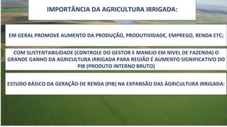 IMPORTÂNCIA DA AGRICULTURA IRRIGADA:
EM GERAL PROMOVE AUMENTO DA PRODUÇÃO, PRODUTIVIDADE, EMPREGO, RENDA ETC;
COM SUSTENTABILIDADE (CONTROLE DO GESTOR E MANEJO EM NIVEL DE FAZENDA) O
GRANDE GANHO DA AGRICULTURA IRRIGADA PARA REGIÃO É AUMENTO SIGNIFICATIVO DO
PIB (PRODUTO INTERNO BRUTO)
ESTUDO BÁSICO DA GERAÇÃO DE RENDA (PIB) NA EXPANSÃO DAS ÁGRICULTURA IRRIGADA:
 