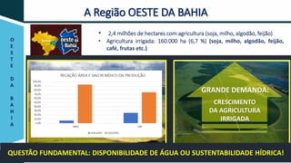 O
E
S
T
E
D
A
B
A
H
I
A
A Região OESTE DA BAHIA
• 2,4 milhões de hectares com agricultura (soja, milho, algodão, feijão)
• Agricultura irrigada: 160.000 ha (6,7 %) (soja, milho, algodão, feijão,
café, frutas etc.)
GRANDE DEMANDA:
CRESCIMENTO
DA AGRICULTURA
IRRIGADA
QUESTÃO FUNDAMENTAL: DISPONIBILIDADE DE ÁGUA OU SUSTENTABILIDADE HÍDRICA!
 