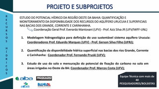 R
E
C
U
R
S
O
S
H
Í
D
R
I
C
O
S
PROJETO E SUBPROJETOS
1. Modelagem hidrogeológica para definição do uso sustentável sistema aquífero Urucuia:
Coordenadores Prof. Eduardo Marques (UFV) - Prof. Gerson Silva Filho (UFRJ);
2. Quantificação da disponibilidade hídrica superficial nas bacias dos rios Grande, Corrente
e Carinhanha: Coordenador Prof. Fernando Pruski (UFV);
3. Estudo de uso do solo e mensuração do potencial de fixação do carbono no solo em
áreas irrigadas no Oeste da BA: Coordenador Prof. Marcos Costa (UFV);
Equipe Técnica com mais de
40
PESQUISADORES/BOLSISTAS
ESTUDO DO POTENCIAL HÍDRICO DA REGIÃO OESTE DA BAHIA: QUANTIFICAÇÃO E
MONITORAMENTO DA DISPONIBILIDADE DOS RECURSOS DO AQUÍFERO URUCUIA E SUPERFICIAIS
NAS BACIAS DOS GRANDE, CORRENTE E CARINHANHA.
Coordenação Geral Prof. Everardo Mantovani (UFV) - Prof. Aziz Silva JR (UFV/IWFF-UNL)
 