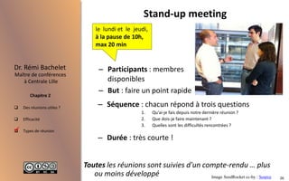  Des réunions utiles ?
 Efficacité
 Types de réunion
Maître de conférences
à Centrale Lille
Dr. Rémi Bachelet
Chapitre 2
Stand-up meeting
– Séquence : chacun répond à trois questions
1. Qu’ai-je fais depuis notre dernière réunion ?
2. Que dois-je faire maintenant ?
3. Quelles sont les difficultés rencontrées ?
– Durée : très courte !
Toutes les réunions sont suivies d'un compte-rendu … plus
ou moins développé
le lundi et le jeudi,
à la pause de 10h,
max 20 min
Image SeedRocket cc-by : Source
– Participants : membres
disponibles
– But : faire un point rapide

26
 