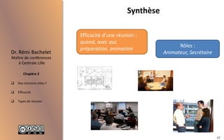  Des réunions utiles ?
 Efficacité
 Types de réunion
Maître de conférences
à Centrale Lille
Dr. Rémi Bachelet
Chapitre 2
Synthèse
27
Efficacité d’une réunion :
quand, avec qui,
préparation, animation
Rôles :
Animateur, Secrétaire
 