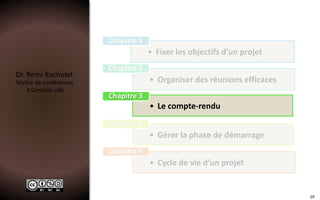 Dr. Rémi Bachelet
Maître de conférences
à Centrale Lille
• Fixer les objectifs d’un projet
Chapitre 1
• Organiser des réunions efficaces
Chapitre 2
• Le compte-rendu
Chapitre 3
• Gérer la phase de démarrage
Chapitre 4
• Cycle de vie d’un projet
Chapitre 5
29
 