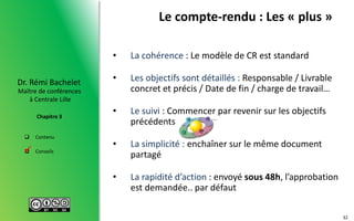  Contenu
 Conseils
Maître de conférences
à Centrale Lille
Dr. Rémi Bachelet
Chapitre 3
Le compte-rendu : Les « plus »
• La cohérence : Le modèle de CR est standard
• Les objectifs sont détaillés : Responsable / Livrable
concret et précis / Date de fin / charge de travail…
• Le suivi : Commencer par revenir sur les objectifs
précédents
• La simplicité : enchaîner sur le même document
partagé
• La rapidité d’action : envoyé sous 48h, l’approbation
est demandée.. par défaut

32
 
