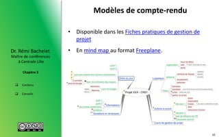  Contenu
 Conseils
Maître de conférences
à Centrale Lille
Dr. Rémi Bachelet
Chapitre 3
Modèles de compte-rendu
• Disponible dans les Fiches pratiques de gestion de
projet
• En mind map au format Freeplane.
33
 