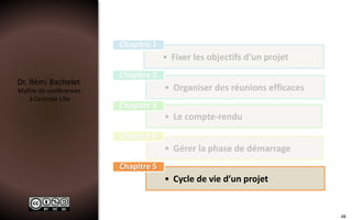 Dr. Rémi Bachelet
Maître de conférences
à Centrale Lille
• Fixer les objectifs d’un projet
Chapitre 1
• Organiser des réunions efficaces
Chapitre 2
• Le compte-rendu
Chapitre 3
• Gérer la phase de démarrage
Chapitre 4
• Cycle de vie d’un projet
Chapitre 5
48
 