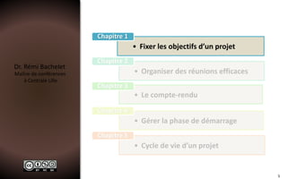 Dr. Rémi Bachelet
Maître de conférences
à Centrale Lille
• Fixer les objectifs d’un projet
Chapitre 1
• Organiser des réunions efficaces
Chapitre 2
• Le compte-rendu
Chapitre 3
• Gérer la phase de démarrage
Chapitre 4
• Cycle de vie d’un projet
Chapitre 5
5
 