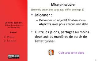 Maître de conférences
à Centrale Lille
Dr. Rémi Bachelet
Chapitre 5
 Effet tunnel
 Cycle de projet
Mise en œuvre
(Suite du projet que vous avez défini au chap. 1)
• Jalonner :
– Découper un objectif final en sous-
objectifs, avec pour chacun une date
• Outre les jalons, partagez au moins
deux autres manières de sortir de
l’effet tunnel
53
Quiz sous cette vidéo
 