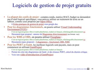 Logiciels de gestion de projet gratuits

   • La plupart des outils de projet : comptes-rendu, matrice RACI, budget ne demandent
       pas d’outil logiciel spécifiques, vous pouvez utiliser un traitement de texte ou un
       tableur, comme ceux proposés par Open Office.
         – 6 Fiches pratiques de gestion de projet sous google doc
   • Pour les diagrammes fonctionnels, on pourra utiliser Visual Understanding
       Environment (VUE) :
         –   C'est un logiciel gratuit, libre et multi-plateformes, traduit en français, téléchargeable directement ici.
         –   Document-type proposé : amorce de Diagramme d'environnement (au format .vue)
   • Pour les WBS et OBS, on pourra utiliser Freeplane :
         –   C'est un logiciel gratuit, libre et multi-plateformes, traduit en français, téléchargeable directement ici.
         – Documents-types proposés : 3 diagrammes - fonctionnel, OBS, WBS
   • Pour les PERT et Gantt, les meilleurs logiciels sont payants, mais on peut
       commencer en utilisant GanttProject
         –   C'est un logiciel gratuit, libre et multi-plateformes, traduit en français
         – Permet de créer des diagrammes de Gantt et des réseaux PERT, calcul du chemin critique.
         – Voici une vidéo d'introduction à GanttProject




Rémi Bachelet                                                                                Utilisation ou copie interdites sans citation   40
 