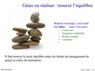 Gérer ou réaliser : trouver l’équilibre


                                           Réaliser un projet, c’est avant
                                           tout faire…, mais c’est aussi
                                               •   Concevoir
                                               •   Organiser et planifier
                                               •   Rendre compte
                                               •   Contrôler
                                               •   ..




    Il faut trouver le juste équilibre entre les tâches de management de
    projet et celles de réalisation

Rémi Bachelet                                                                        Image : Source
                                                        Utilisation ou copie interdites sans citation   43
 