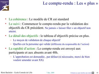 Le compte rendu Contenu  Informations, décisions, actions  Modèles de comptes rendus Conseils Chapitre 2/6 