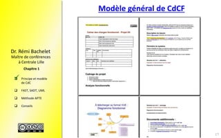 Maître de conférences
à Centrale Lille
Dr. Rémi Bachelet
 Principe et modèle
de CdC
 FAST, SADT, UML
 Méthode APTE
 Conseils
Chapitre 1
Modèle général de CdCF

17
 