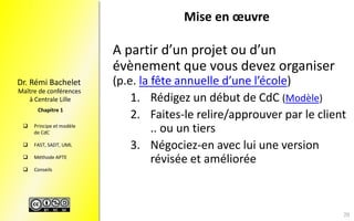 Maître de conférences
à Centrale Lille
Dr. Rémi Bachelet
 Principe et modèle
de CdC
 FAST, SADT, UML
 Méthode APTE
 Conseils
Chapitre 1
Mise en œuvre
A partir d’un projet ou d’un
évènement que vous devez organiser
(p.e. la fête annuelle d’une l’école)
1. Rédigez un début de CdC (Modèle)
2. Faites-le relire/approuver par le client
.. ou un tiers
3. Négociez-en avec lui une version
révisée et améliorée
20
 