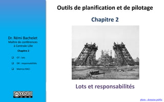  OT : lots
 DR : responsabilités
 Matrice RACI
Maître de conférences
à Centrale Lille
Dr. Rémi Bachelet
Chapitre 2
Outils de planification et de pilotage
photo : domaine public
Lots et responsabilités
Chapitre 2
 