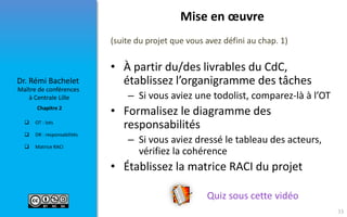  OT : lots
 DR : responsabilités
 Matrice RACI
Maître de conférences
à Centrale Lille
Dr. Rémi Bachelet
Chapitre 2
Mise en œuvre
(suite du projet que vous avez défini au chap. 1)
• À partir du/des livrables du CdC,
établissez l’organigramme des tâches
– Si vous aviez une todolist, comparez-là à l’OT
• Formalisez le diagramme des
responsabilités
– Si vous aviez dressé le tableau des acteurs,
vérifiez la cohérence
• Établissez la matrice RACI du projet
33
Quiz sous cette vidéo
 