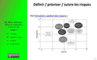  Le pilotage
 Indicateurs, risques…
 Les écarts
 Le post-mortem
Maître de conférences
à Centrale Lille
Dr. Rémi Bachelet
Chapitre 5
Définir / prioriser / suivre les risques
Voir formation « gestion des risques »

58
 