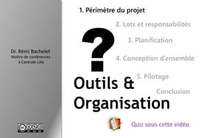 Dr. Rémi Bachelet
Maître de conférences
à Centrale Lille
Outils &
Organisation
1. Périmètre du projet
2. Lots et responsabilités
3. Planification
4. Conception d’ensemble
5. Pilotage
Conclusion
Quiz sous cette vidéo
 