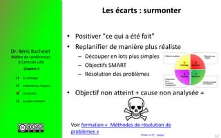  Le pilotage
 Indicateurs, risques…
 Les écarts
 Le post-mortem
Maître de conférences
à Centrale Lille
Dr. Rémi Bachelet
Chapitre 5
Image cc-by : source
Les écarts : surmonter
• Positiver "ce qui a été fait"
• Replanifier de manière plus réaliste
– Découper en lots plus simples
– Objectifs SMART
– Résolution des problèmes
• Objectif non atteint + cause non analysée =
62
Voir formation « Méthodes de résolution de
problèmes »
 