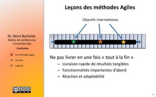  Les méthodes agiles
 Conseils
 Logiciels
Maître de conférences
à Centrale Lille
Dr. Rémi Bachelet
Conclusion
Leçons des méthodes Agiles
Ne pas livrer en une fois « tout à la fin »
– Livraison rapide de résultats tangibles
– Fonctionnalités importantes d’abord
– Réaction et adaptabilité
69

 